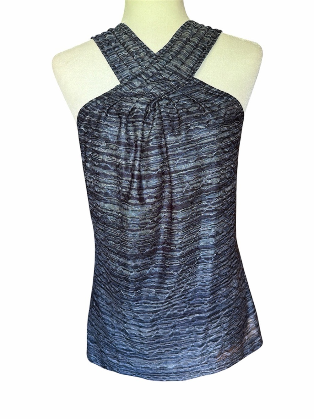 The Limited Blue and Silver Texture Cross-Back Halter Tank